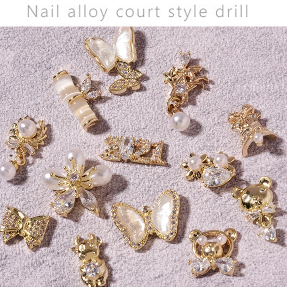 Agustina Dekorasi Nail Art 3D Mewah Tahun Baru Berlian Shiny Zirkon Mutiara Busur Kuku Rantai Perhiasan