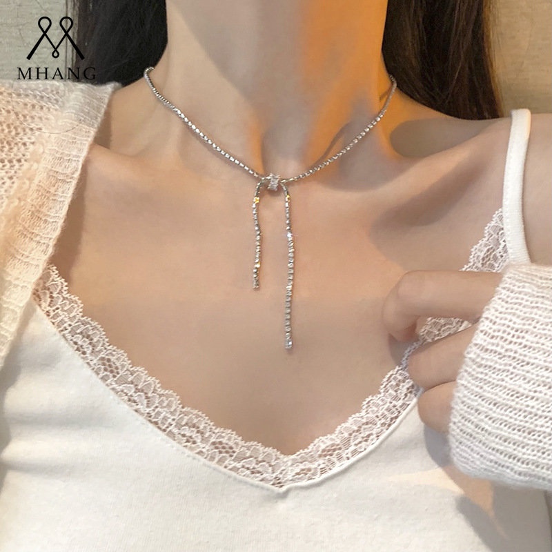 Kalung Rantai Clavicle Silver Desain Rumbai Hias Zircon Gaya Korea Untuk Wanita 2022