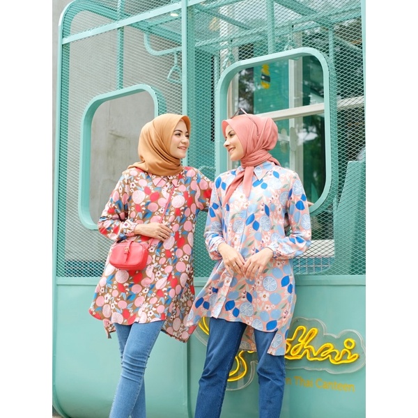 Ounadoutfit orange blouse wanita motif lucu busui / atasan motif rayon / kemeja wanita kekinian  / baju muslim motif