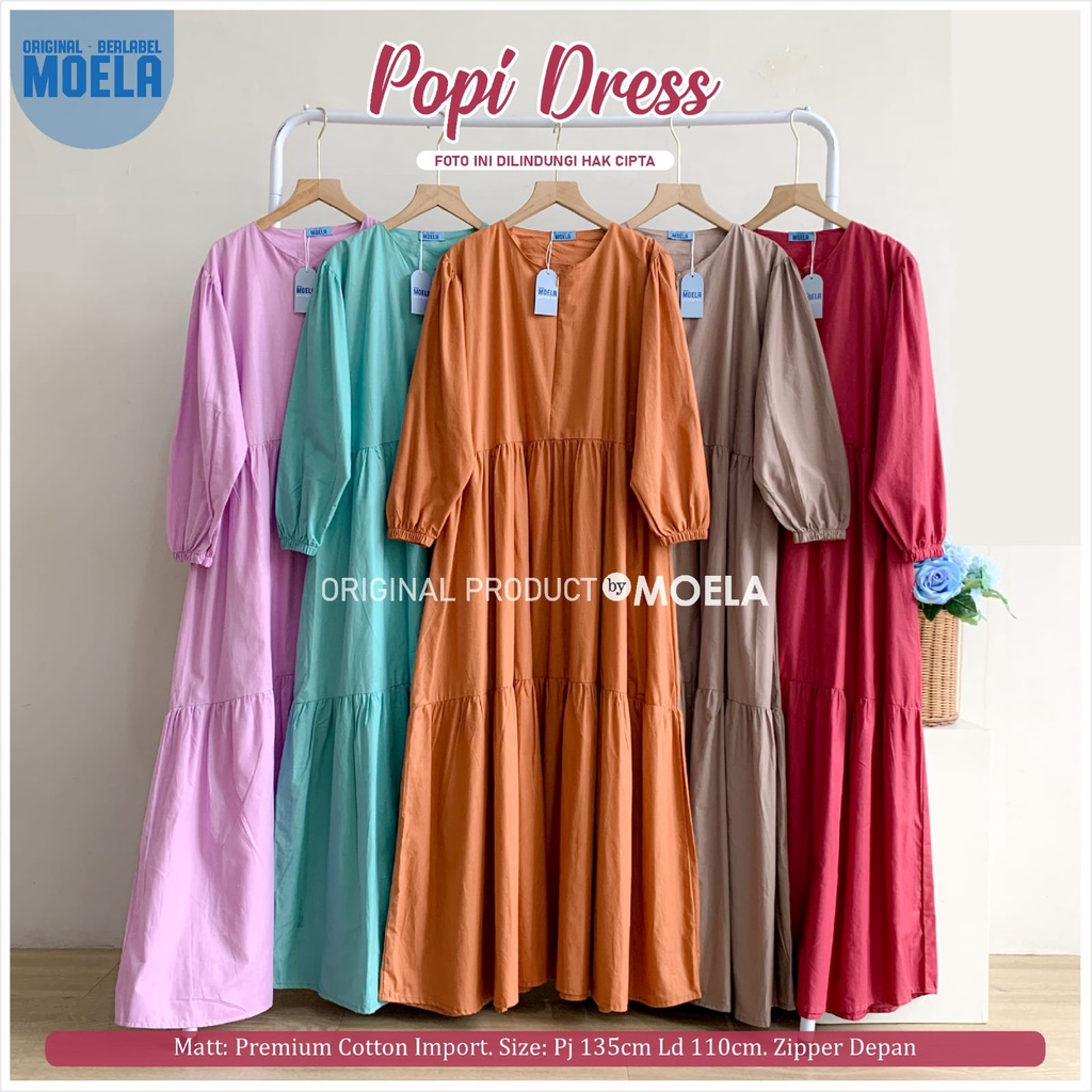 POPI DRESS ORIGINAL MOELA / GAMIS BAHAN KATUN MURAH / MAXI DRESS SIMPLE POLOS