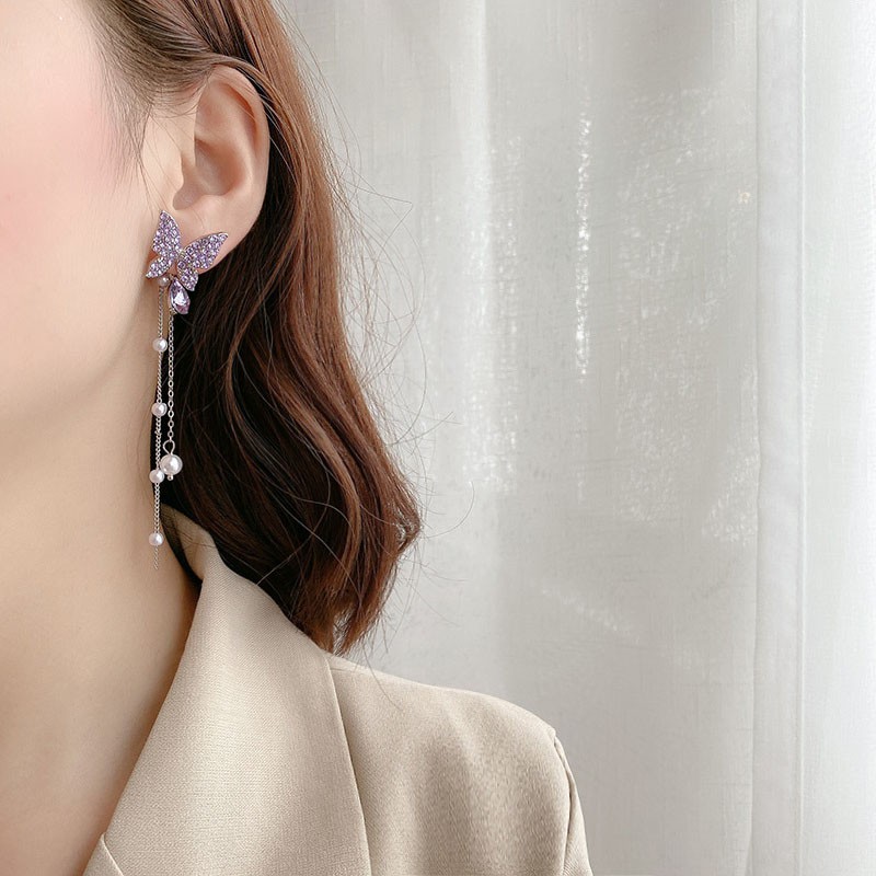 Anting Rumbai Panjang Desain Kupu-Kupu Aksen Mutiara Berlian Bahan S925 Silver Untuk Wanita