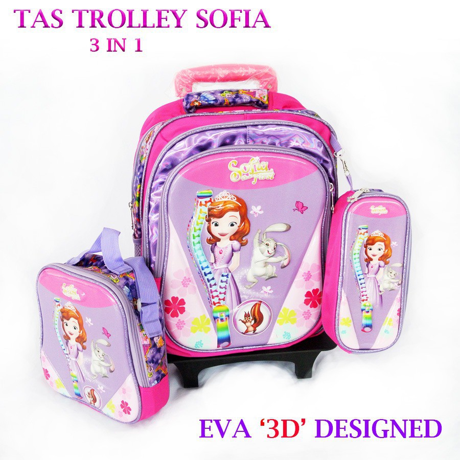 (RK)Tas Troli Anak Perempuan Sekolah SD SMP Sofia 3D 3in1 6 Roda Import