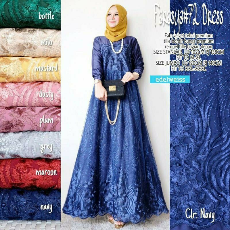FARASYA (ADA JUMBO) GAMIS BROKAT FARASYA JUMBO  LD 120 DAN STANDAR LD 102 CM GAMIS TILE BORDIR MUTIARA GAMIS PESTA-NAVY
