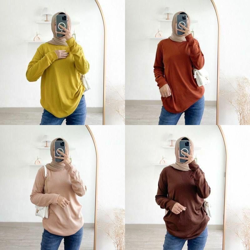 Kaos Cabut Jarum Plisket / Kaos Rib Lengan Panjang Turtleneck