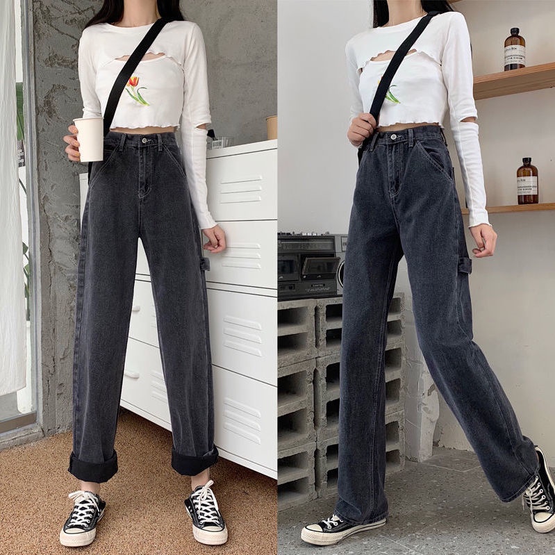 korean style new Abu-abu gelap longgar boyfriend celana jeans panjang wanita