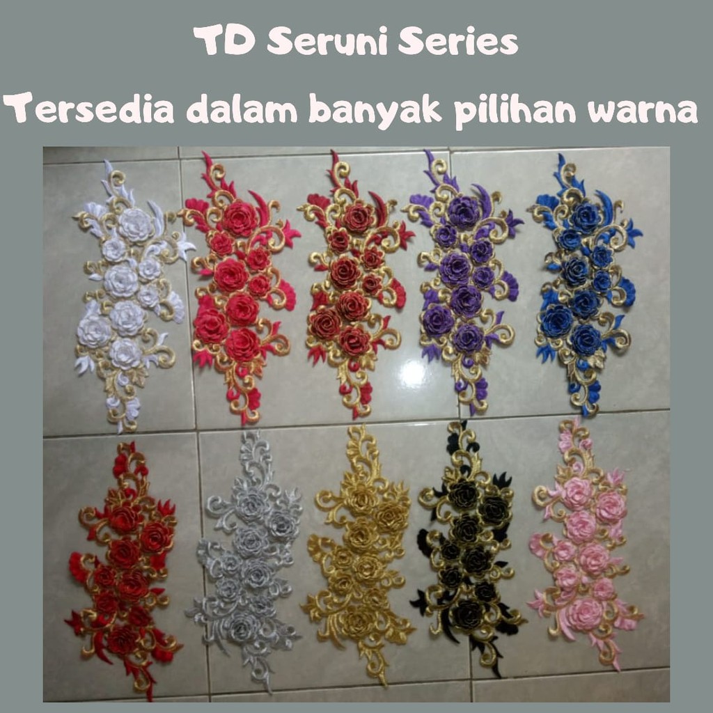 Renda Bordir Bunga TD Seruni Patch Lace Embroidery Tempel Khas Tasik Kebaya Gamis Merah Biru Hitam