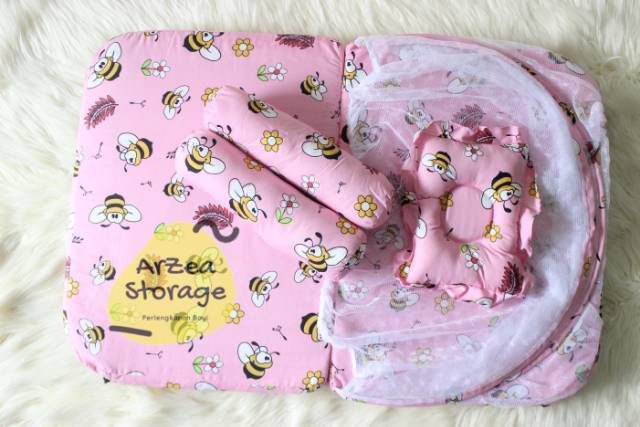 Kasur bayi kelambu set bantal guling lipat lebah pink