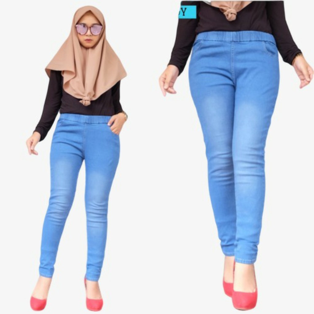 Legging Jeans Strceth - Jegging Jeans Wanita Pinggang Karet Melingkar / Jegging Jeans Jumbo