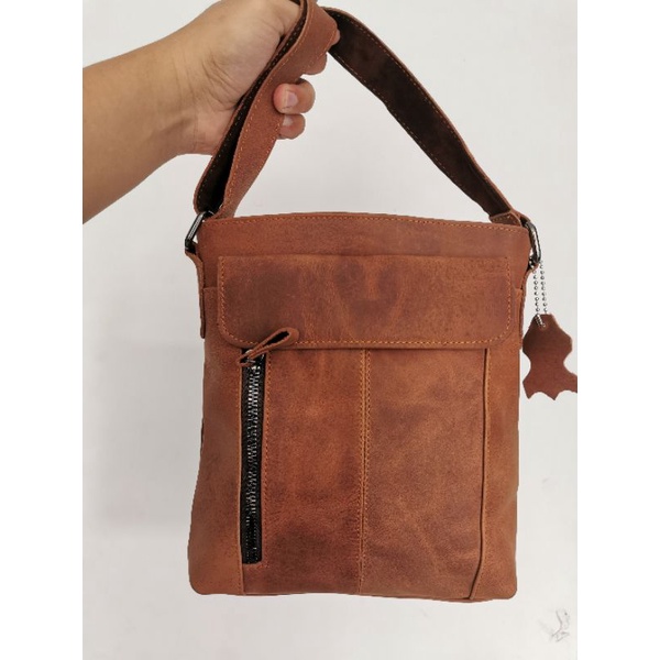 Tas Kulit Pria Oxford Leather Messenger / Sling Bag - Two Tone Brown