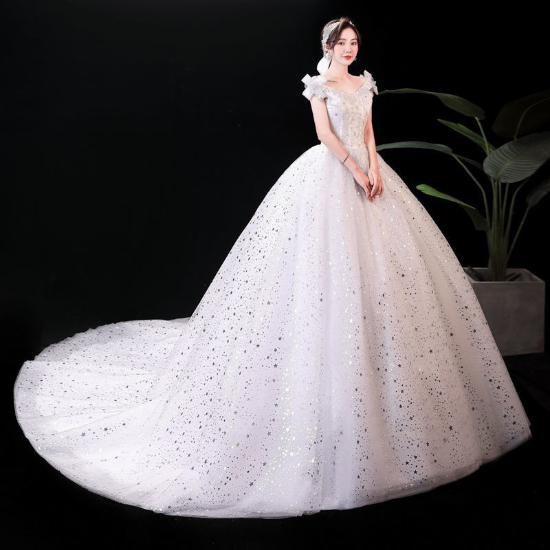 156 White Bling Bling Off Shoulder Long Tail Women Party Wedding Gown Dress Bridal Wedding Dress