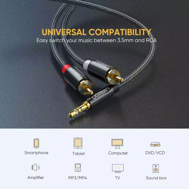 UGREEN Kabel Audio 3,5mm to 2RCA Braided Nylon