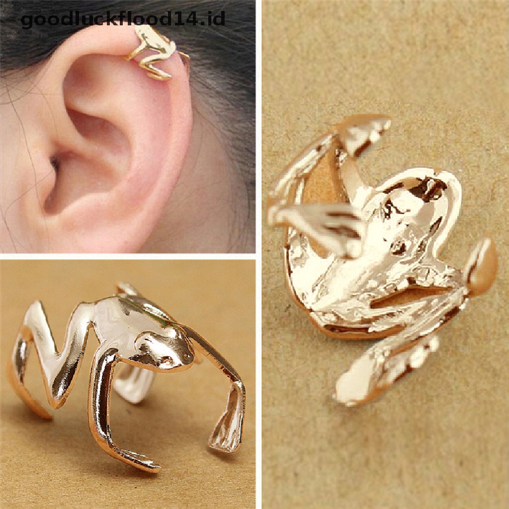 1pc Anting Klip Telinga Lapis Emas Bentuk Katak Gaya Punk Retro