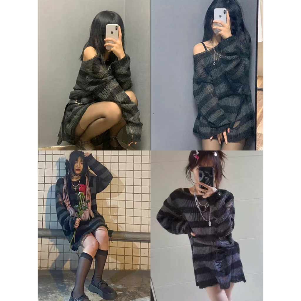 Suhao Mid-length Punk Dark Clothes Eropa dan Amerika Broken Fall/Summer Sweater Pasangan Wanita Terdampar longgar Fit Populer Knitwear