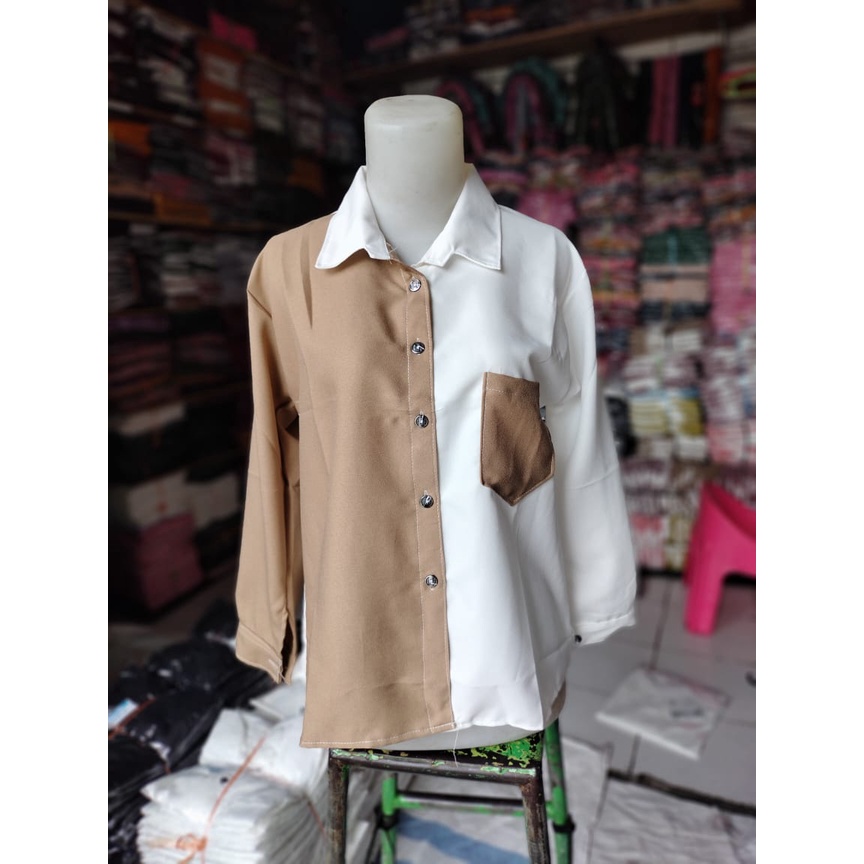 Kemeja Wanita Atasan Blouse Casual Polos Kombinasi Warna Lengan Panjang Model Pinguin Bahan Moscrepe-8
