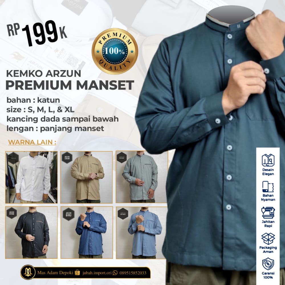Baju Koko Kemko Lengan Panjang Manset Kerah Mandarin Full Kancing Merk Arzun