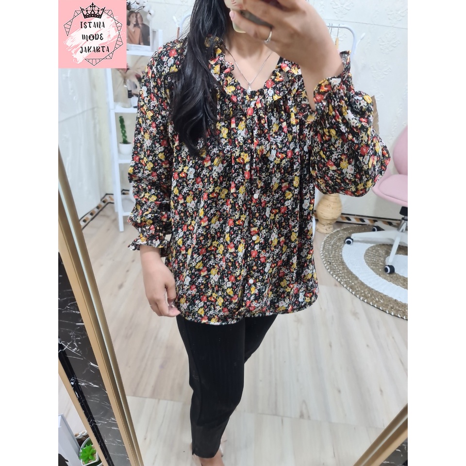 ISTANA MODE JAKARTA Sonya Jumbo baju atasan wanita terbaru blouse korean style blouse wanita lengan panjang-HITAM BUNGA MERAH 4