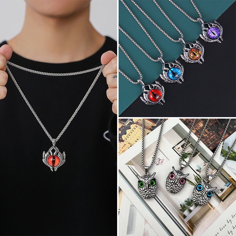 Kalung Rantai Liontin Mata Iblis Burung Hantu Bahan stainless steel Gaya Retro punk Turki Untuk Pria Dan Wanita