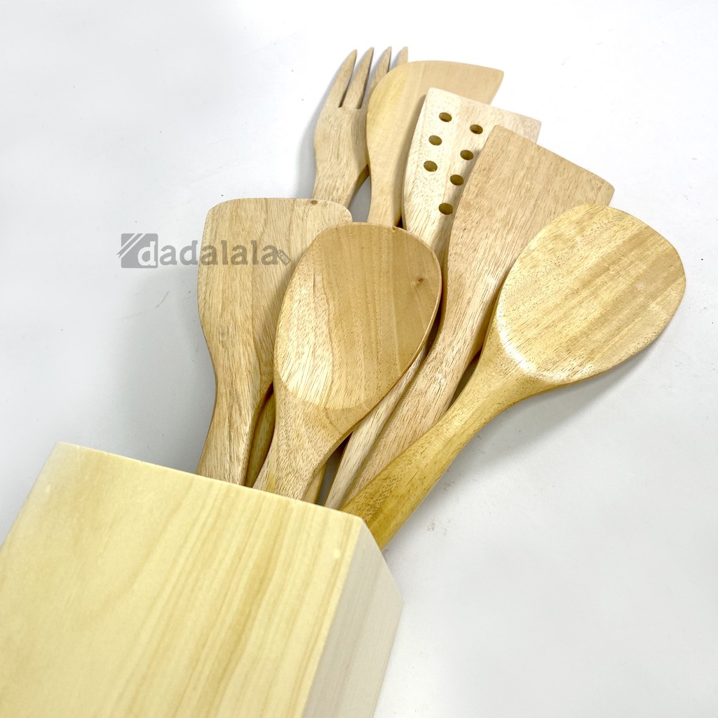 DADALALA Peralatan Dapur Set Isi 7 + Boks Kayu Pinus [FREE] Sendok Garpu T