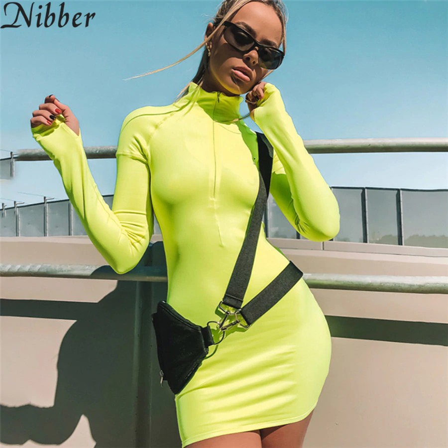 INDORETAIL | Nibber Spring Neon Hijau Wanita Straight Dress2019new Setengah Terbuka Zip Naik Merah