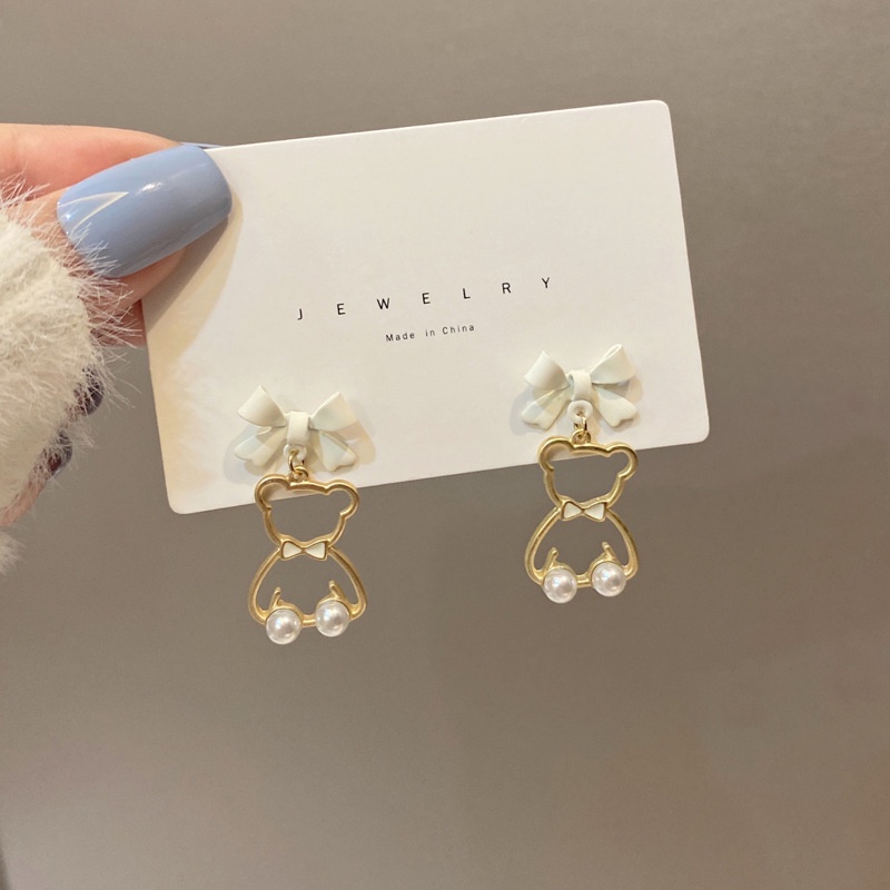 Anting Tusuk Gantung Desain Pita + Beruang Hollow Gaya Trendy Untuk Wanita