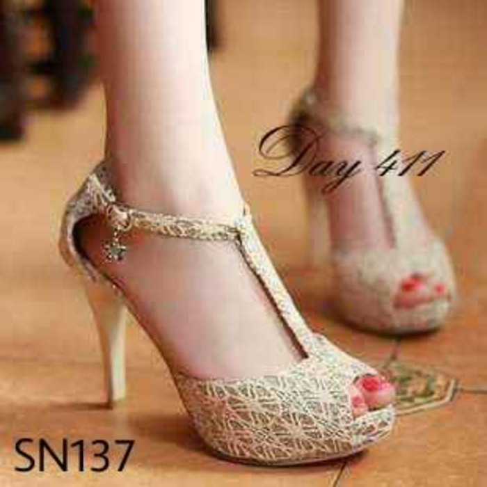 HIGH HEELS PEEP TOES T STRAP BRUKAT WANITA KERJA PESTA
