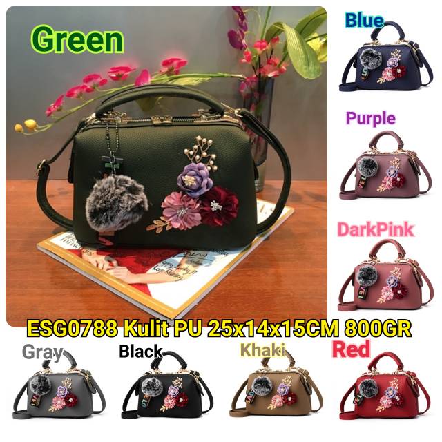 ESG0788 Tas Batam Import Doctor Bag Wanita Flower 3D Bunga Pom Pom Letter Strap Tas Dokter Hand Bag