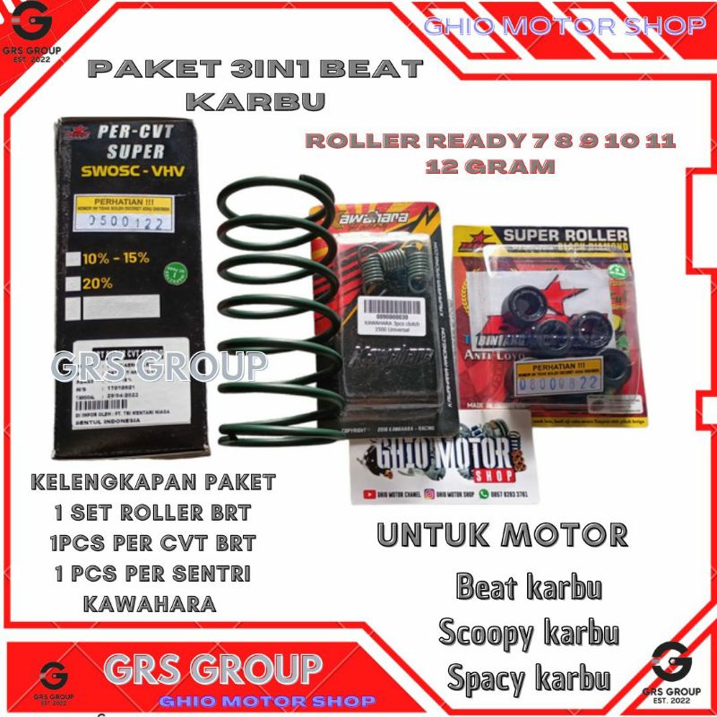 ROMO PAKET CVT 3IN1 BEAT SCOOPY SPACY KARBU KVY UP GRADE KIRIAN CVT BEAT KARBU PER CVT BRT SPRING CVT BRT ROLLER BRT PER KAMPAS GANDAKAWAHARA 1500 RPM ROLLER BRT BEAT KARBU 7 8 9 10 11 12 GRAM SRING CVT BRT 10-15% 1000-1500 RPM 20% 2000 RPM GHIO MOTOR