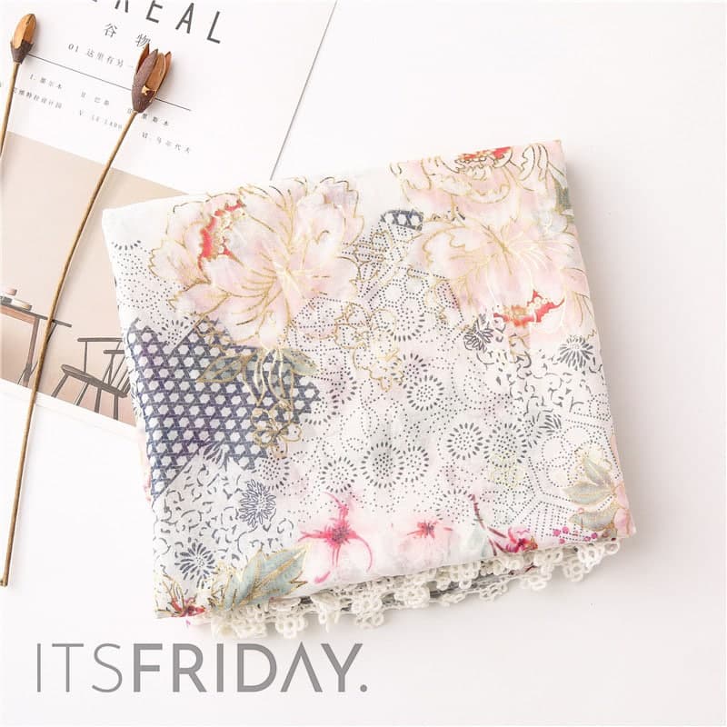 ITSFRIDAY NABA Scarf - Premium Pashmina Shawl Selendang Syal Pasmina Hijab Import Motif Flower Glitter Renda