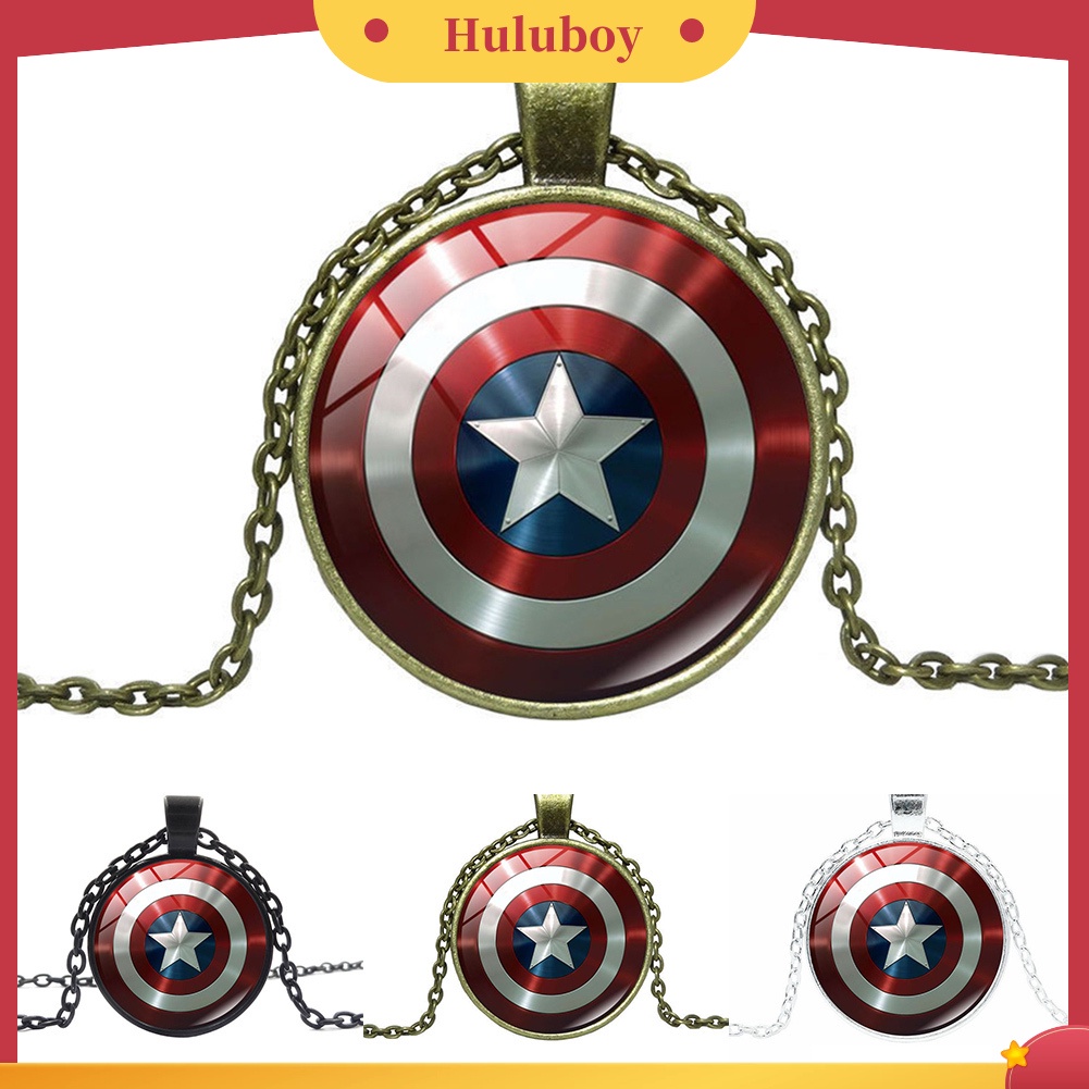 Hu Hu Hu Hu Hu Alat Bantu Pasang Kacamata♡ Kalung Rantai Dengan Liontin Kaca Cabochon Gambar Perisai Captain America Avenger