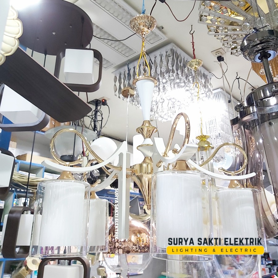 LAMPU GANTUNG MINIMALIS PUTIH GOLD CABANG 5 RUANG TAMU RUANG MAKAN RUANG KAMAR