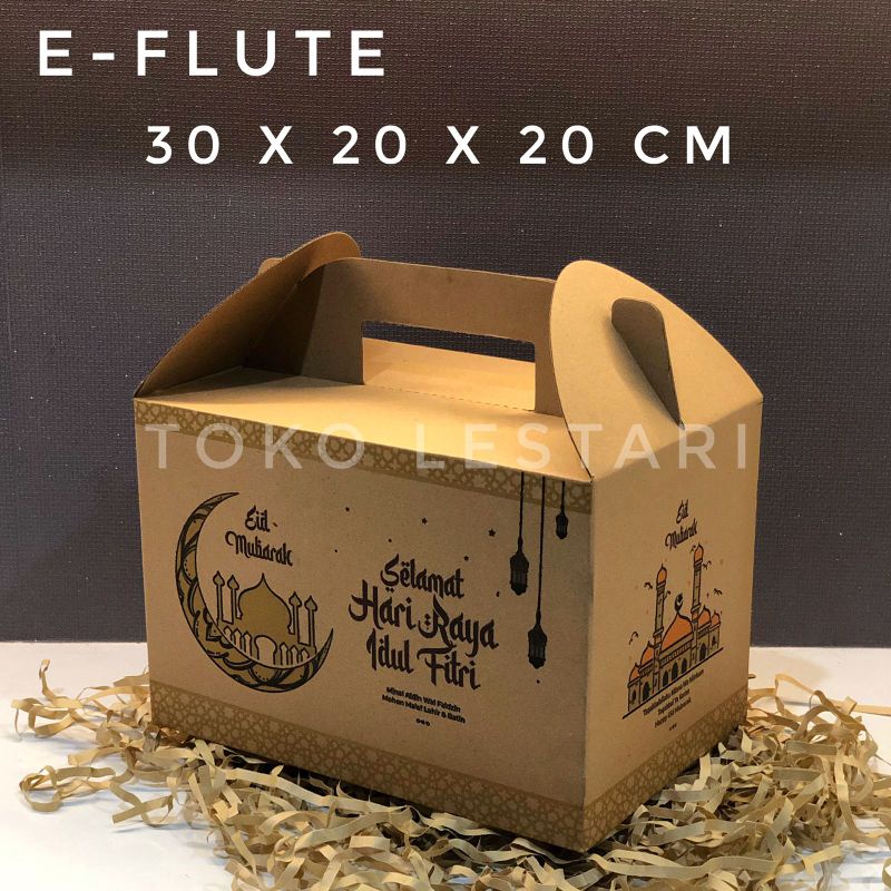 

Box Lebaran Idul Fitri E-Flute Gable Box / Box Jinjing 30x20x20 cm Cocok untuk Parcel Lebaran , Sovenir , Hampers dll