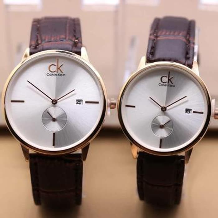 Jam Tangan Couple / Pasangan Ck Couple Sk445 Leather Brown Rosegold