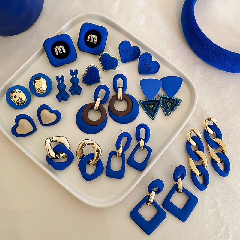 Anting Rantai Panjang Bentuk Bulat Hati Geometris Bahan Akrilik Warna Biru Gaya Vintage Untuk Wanita