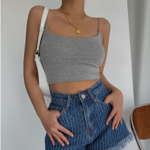 【LIVIAHOME】Summer Solid Crop Tops Sleeveless Straps Tank Top 7134