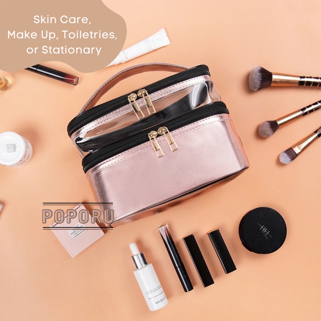 POPORU DOUBLE TRANSPARENT ROSE GOLD pouch - cosmetics bag organizer for make up - tas tempat kosmetik