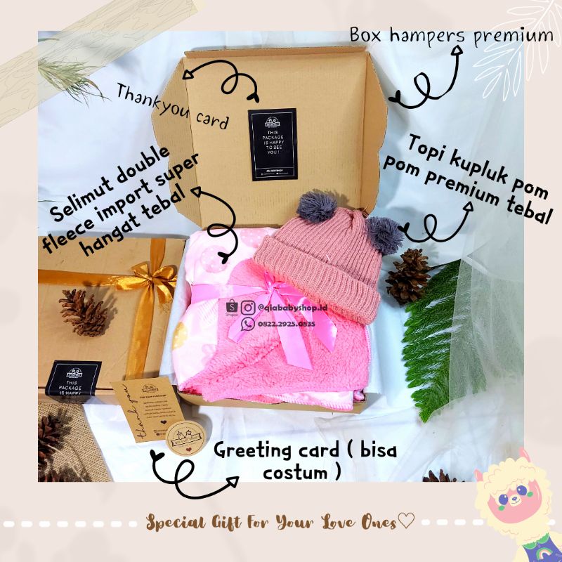 KADO HAMPERS BAYI | HAMPERS SELIMUT BAYI | HAMPERS BABY NEWBORN | SELIMUT DOUBLE FLEECE | SELIMUT TOPI 3D IMPORT | HAT BLANKET 3D | SELIMUT TOPI TEBAL | KADO BAYI SELIMUT-1