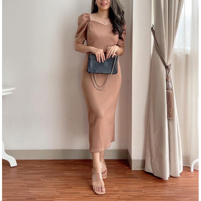 Long dress midi fit body slim bodycon korea style formal pesta kondangan kantor elegant feminim clas