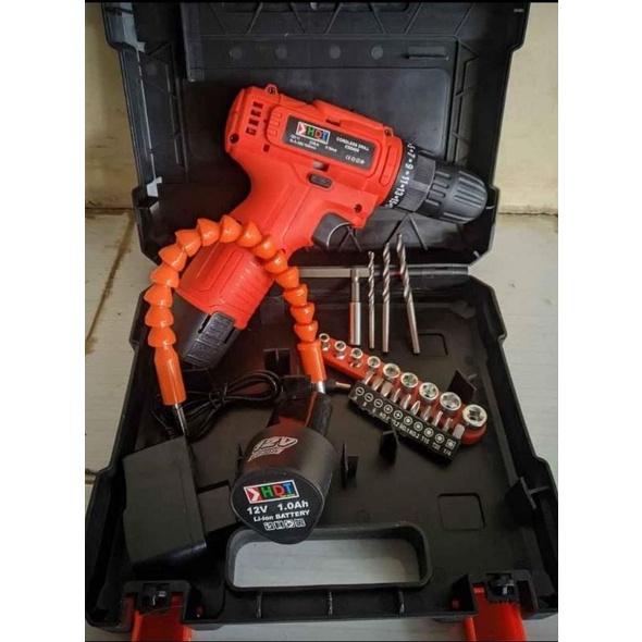 Mesin Bor HDT Cordless Drill Mesin Bor Bolak Balik 10mm Battery 12V Set Box 2 Pcs Baterai Dan ACC