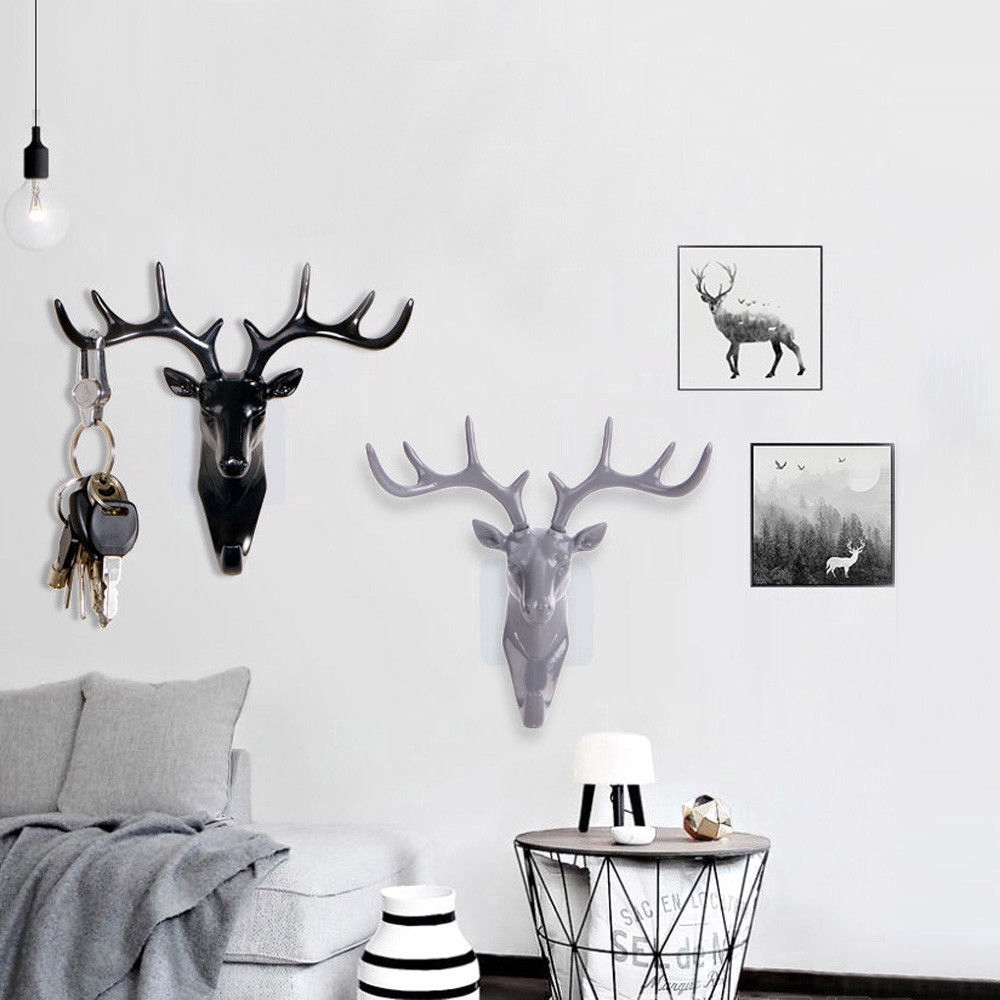 Rumah Penyimpanan Multi Hook Gantungan Dinding Natal Rusa Resin Xmas New Animal Stags Head Decor Craft Rak Gantungan Kunci