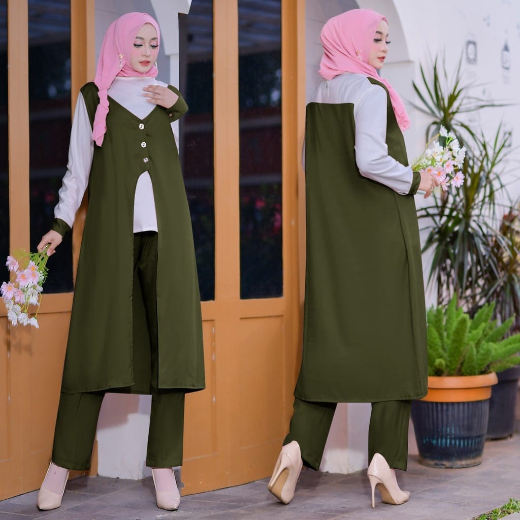 ONE SET LONG TUNIK SHAKILA PREMIUM/SETELAN WANITA KOMBINASI KEKINIAN