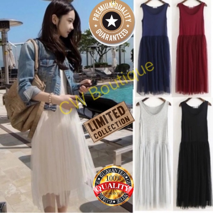 Midi Dress Tanktop Summer Lace Tutu Pakaian Wanita Casual Korean - Navy(J5L7) Pakaian Wanita/Dress/M