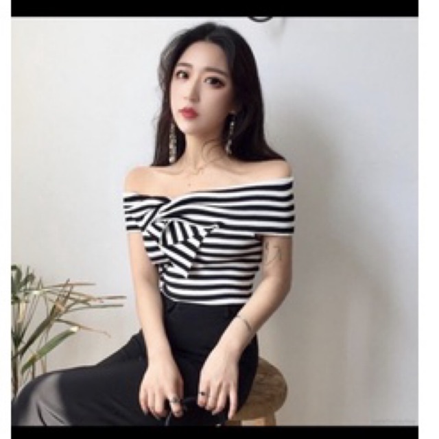 TOP blouse sabrina off shoulder IMPORT black white