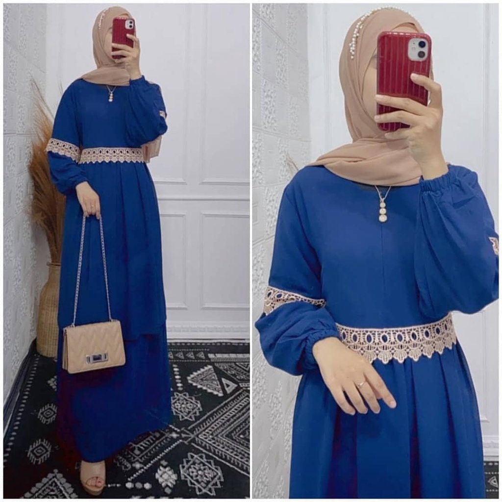 Gamis Dress Melayu Pakaian Muslim Wanita Ceruty Babydoll  Aplikasi Renda Kekinian Denada Dress