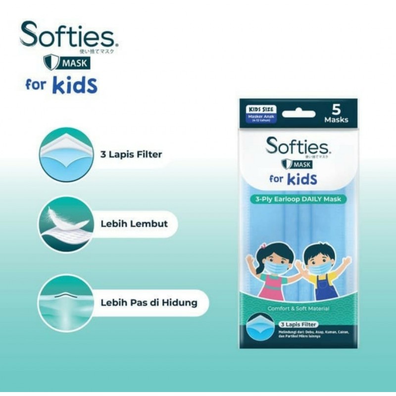 Softies Masker Anak Daily Mask for Kids Earloop 3 Ply Sachet - 5 Pcs