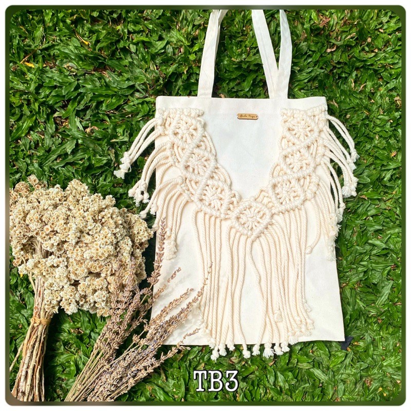 Tas wanita tote bag macrame canvas cotton rope