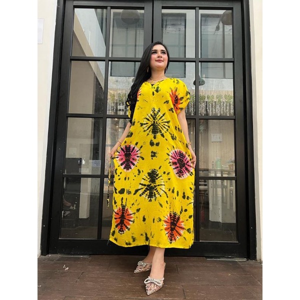 Daster panjang galaran kancing depan busui tali samping motif viral tiedye shibori-SK Yuppy Kuning