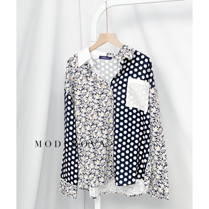 MDLV ~ 2690# Sarabeth Combine Shirt Premium Import Kemeja Two Tone Kemeja Blouse Korea Fashion Import