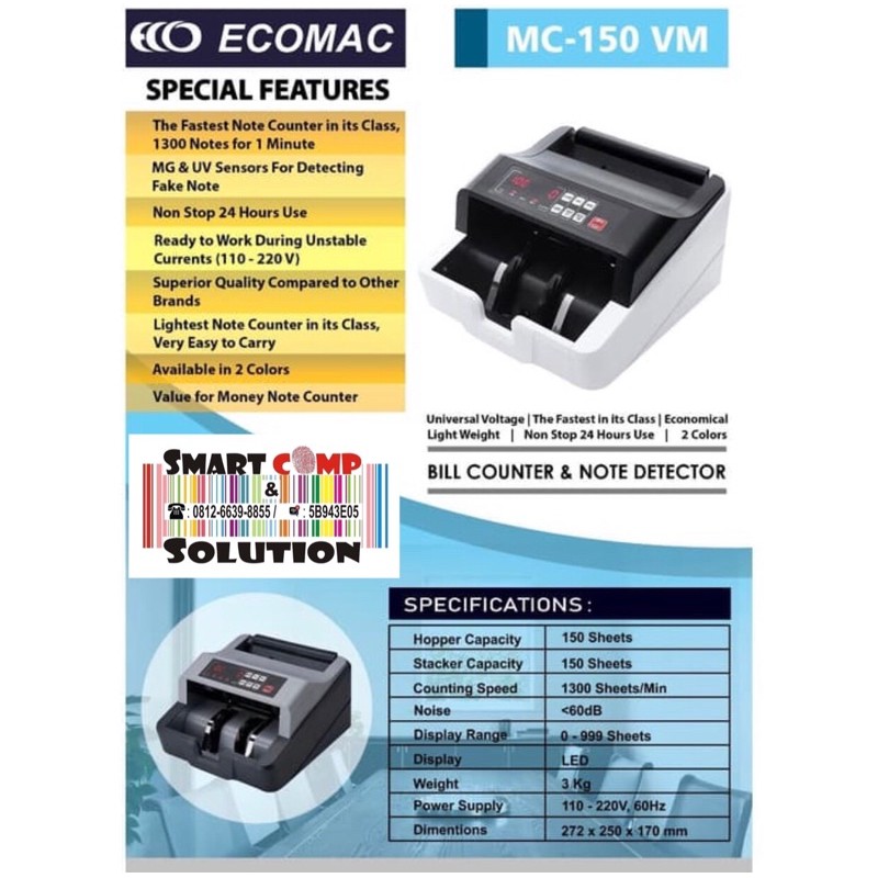 Mesin Hitung Uang / Money counter Ecomac MC-150VM / Money Bill Counter MC150VM