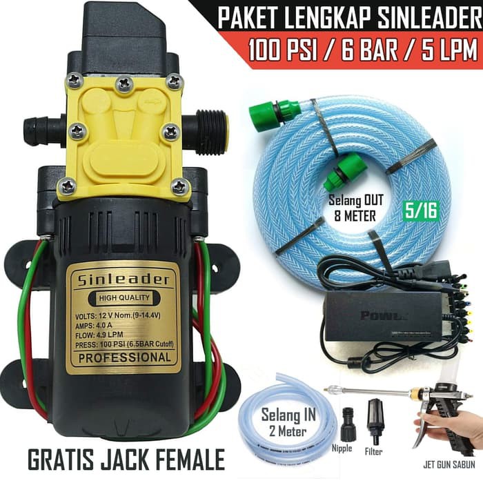 Paket Lengkap Pompa Sinleader Drat 100psi Selang Serat Adaptor Power 12-24v Jet Metal