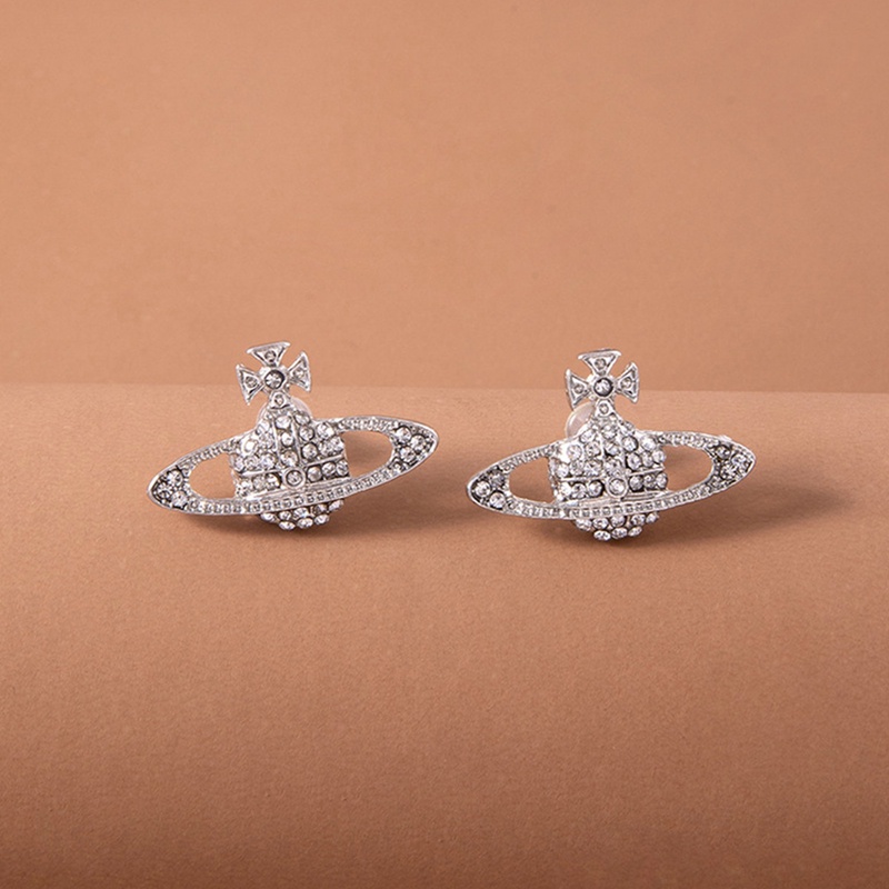 Anting Stud Desain Planet Saturnus Aksen Berlian Bahan Alloy Untuk Wanita